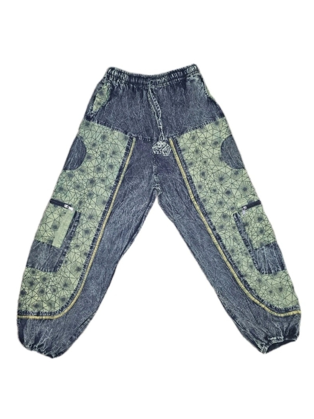 Green Fractal Print Boho Hippie Cotton Pants Handmade In Nepal